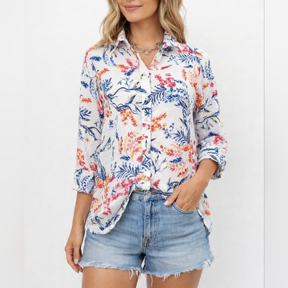 Chico’s 100% Linen Floral Button Front Blouse Women’s Size 6 Lightweight Classic